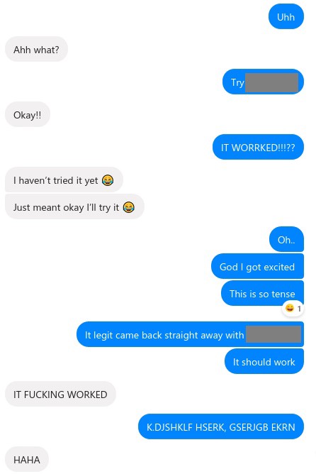 A message thread with Jessie, giving her the password. We are both very excited.